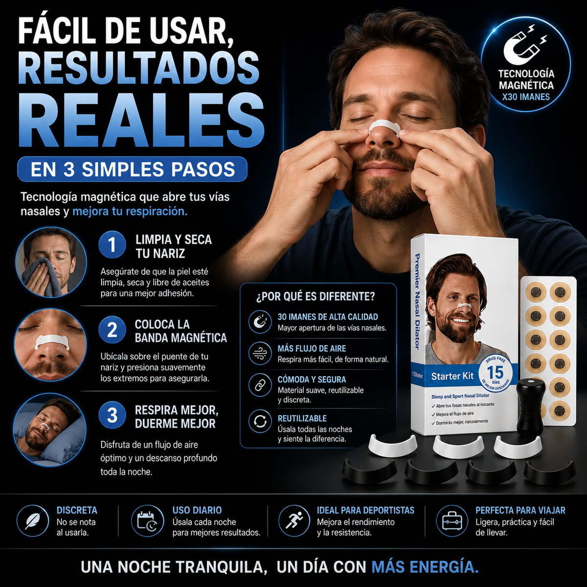 RESPIRTA MEJOR CON BANDAS NASALES MAGNÉTICAS X30
