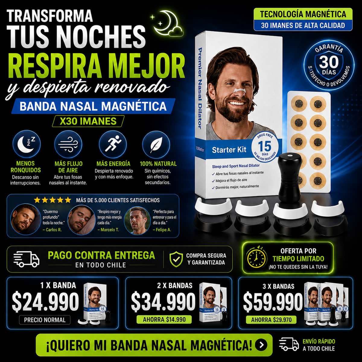 RESPIRTA MEJOR CON BANDAS NASALES MAGNÉTICAS X30
