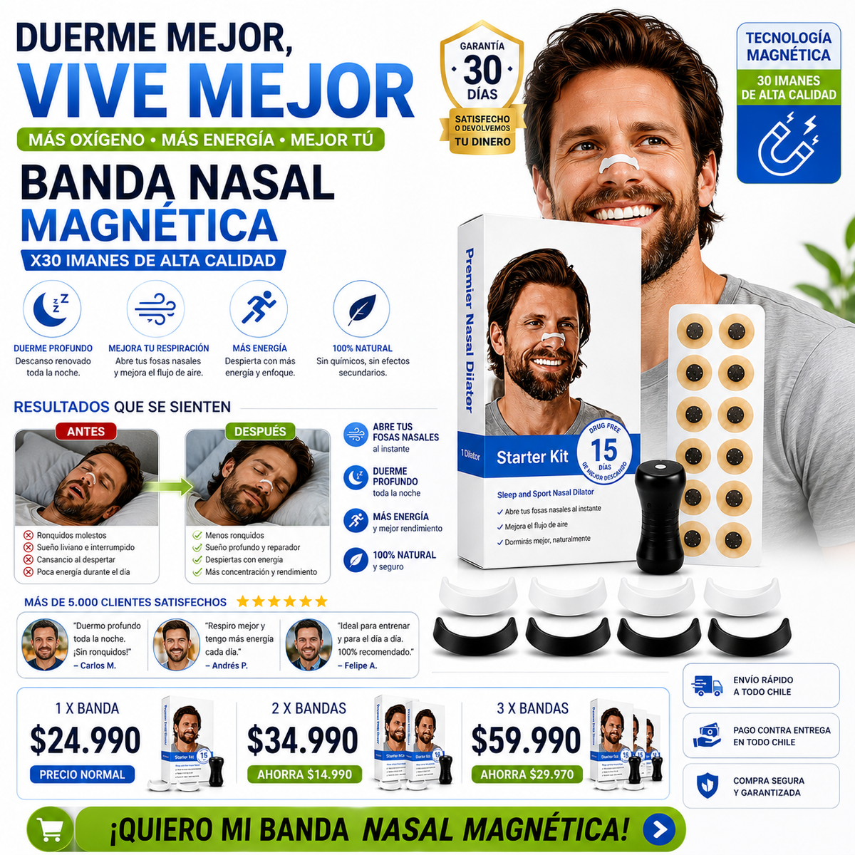 RESPIRTA MEJOR CON BANDAS NASALES MAGNÉTICAS X30