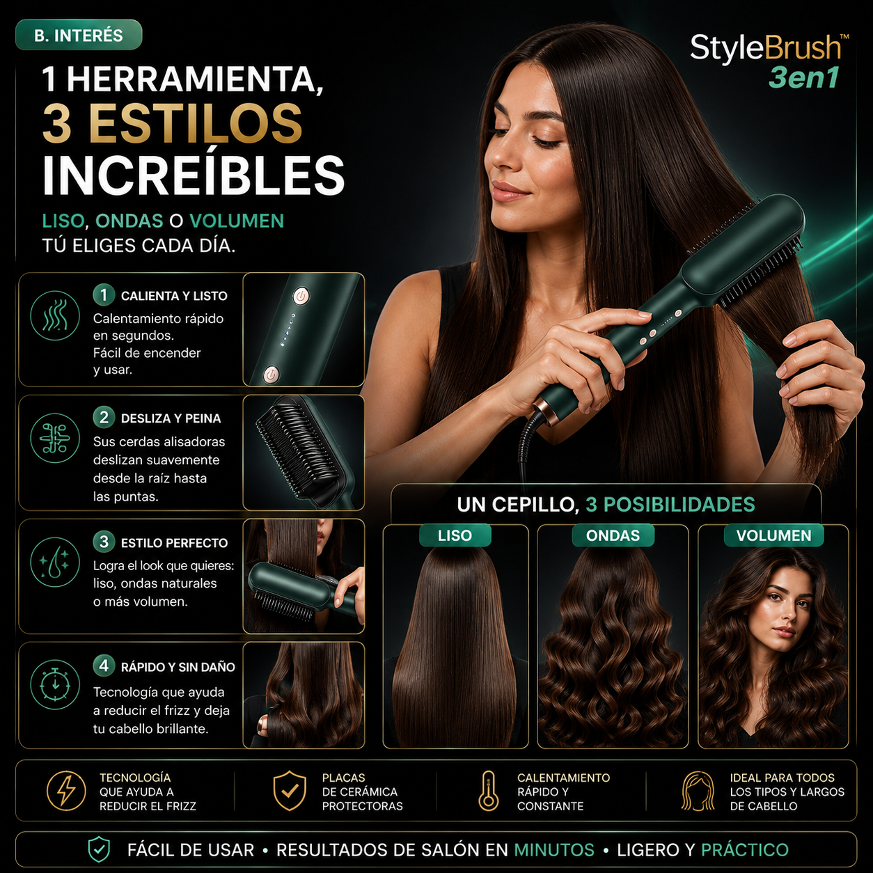 StyleBrush™ 3en1 – Liso, Ondas y Volumen al Instante